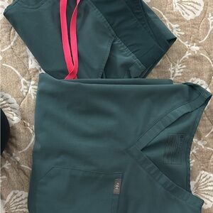 Figs Teal Scrub Top and Pants with Pink Drawstring